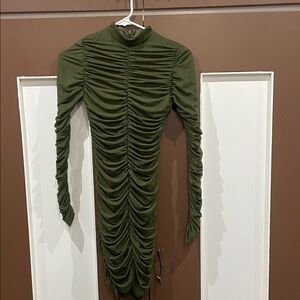 Fashion Nova Olive Long Sleeve Ruched Dress